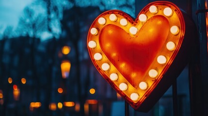 Wall Mural - glowing heart shaped neon sign with warm light bulbs at dusk