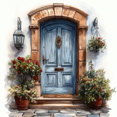  Beautiful Door clipart, Watercolor hand drawn door and flowers, Hand-painted digital artwork.