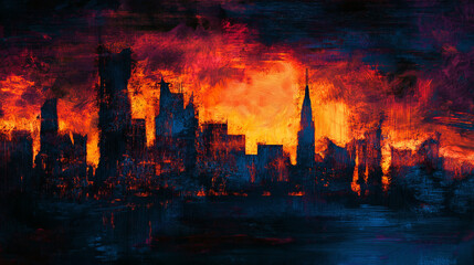 Poster - A city in flames, depicted with bold, aggressive strokes