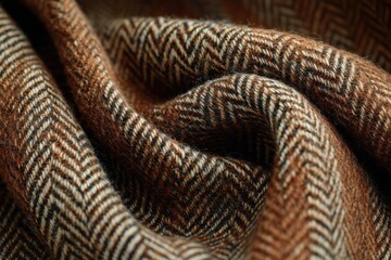 Poster - A close-up shot showcasing the intricate weave and textures of brown herringbone fabric, ideal for backgrounds or textiles concepts with elegant and warm appearance.