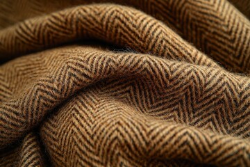 Poster - Detailed close-up shot of a tightly woven brown herringbone fabric, creating an abstract texture with soft, warm tones suitable for backgrounds and textile designs.
