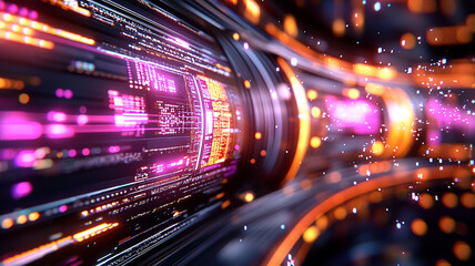 Fototapete - Vibrant Abstract Background with Flowing Digital Light Trails in Purple and Orange Hues
