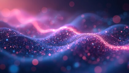 Leinwandbilder - Dynamic glittery background with glowing purple, blue gradients with bokeh. Illuminated lights backdrop, elegant wave, depth of field, modern futuristic blurred pattern. Tech, business design