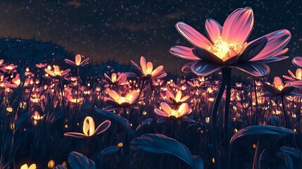 Poster - A field of giant flowers with neon petals glowing in the dark
