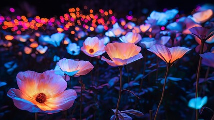 Poster - A field of giant flowers with neon petals glowing in the dark
