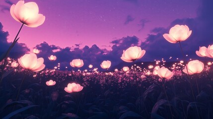 Poster - A field of giant glowing flowers under a violet sky
