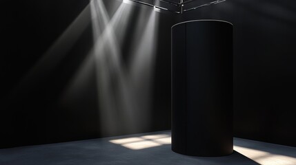 Poster - Dark Gallery Featuring a Cylindrical Sculpture Illuminated by Bright Beams of Light During an Art Exhibition