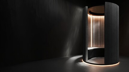 Poster - Dark Gallery Featuring a Cylindrical Sculpture Illuminated by Bright Beams of Light During an Art Exhibition