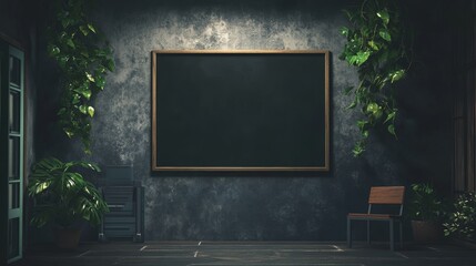 Poster - Dimly Lit Office Space With Plants and Modern Furniture Showcasing a Quiet Atmosphere in the Late Evening Hours