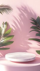 Poster - round marble podium with tropical leaves and pink background