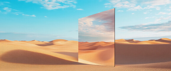 Poster - A large mirror standing in the middle of a desert, reflecting the blue sky and golden dunes, creating a surreal contrast in nature, symbolizing reflection and perception.