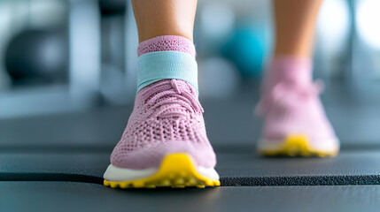 Woman running on treadmill, gym background, fitness workout