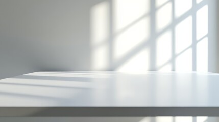 Poster - Bright Light Shines on a White Platform in a Minimalist Studio Space Creating a Dynamic Visual Contrast and Enhancing the Depth of the Scene