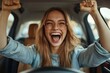 © Dev Forge - Joyful European woman celebrating successful car purchase, gesturing YES and shouting, sitting inside auto