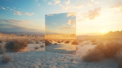 Aufkleber - A mirror reflecting the desert landscape during sunset, symbolizing the connection between reality and reflection, and exploring themes of surrealism and nature.