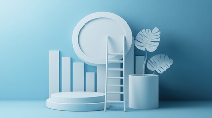 Poster - Minimalist blue background with geometric shapes, ladder, and plants for modern design concepts