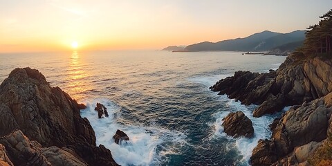 Wall Mural - Majestic Ocean Sunset: Golden Hour at the Rocky Coastline with Dramatic Clouds and Crashing Waves