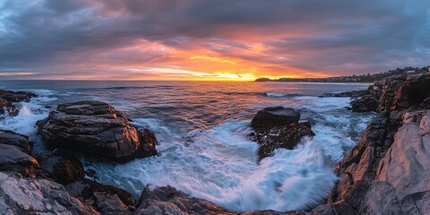 Wall Mural - Majestic Ocean Sunset: Golden Hour at the Rocky Coastline with Dramatic Clouds and Crashing Waves