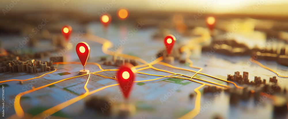 3D map with location pins placed across a city landscape representing ...
