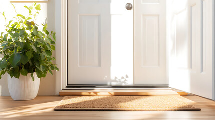 Wall Mural - A warm and inviting image showcasing an open white door with a wooden floor and a welcome mat in the foreground basking in natural sunlight