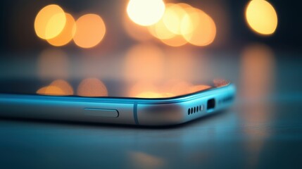 Poster - Close-up view of a modern smartphone on a wooden surface with soft bokeh lights in the background