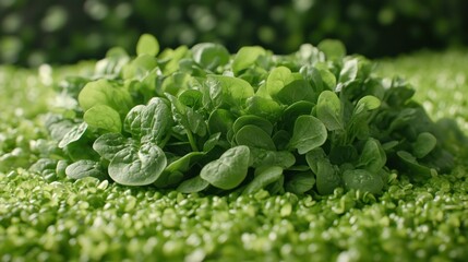 Wall Mural - Fresh spinach leaves cluster on textured surface with blurred background