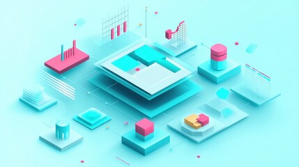 Poster - Abstract digital illustration of data analysis with charts and graphs in a vibrant blue background