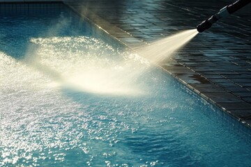 high pressure hose removes dirt from poolside area during bright daytime. generative ai