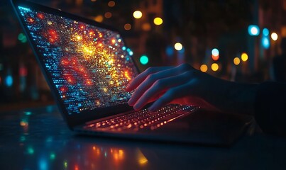 Software Developer Coding on Laptop with JavaScript and Binary Code, Mobile App Development, Nighttime Digital Workspace, Innovative Programming and Technology