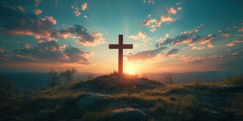 Sunset view of a cross on a hilltop surrounded by clouds and sunlight in a peaceful landscape setting