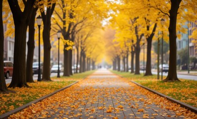 Canvas Print - Serene autumn walkway lined with yellow leaves