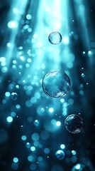 Poster - Floating transparent bubbles against dreamy turquoise bokeh background with light rays and sparkles, creating magical underwater atmosphere.