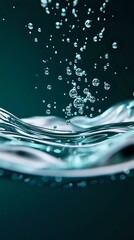 Poster - Macro shot of water surface with rising bubbles against dark teal background, capturing liquid motion and transparency in high detail.