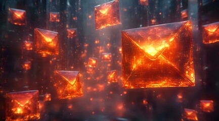 Poster - Glowing fiery envelopes floating in dark space with sparks and embers, symbolizing urgent messages and digital communication in dramatic orange and red tones.