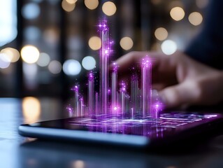 Poster - Glowing purple holographic city skyline emerging from smartphone screen with bokeh light effects in background, representing digital transformation and smart cities.