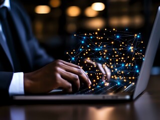 Poster - African American businessman typing on laptop with glowing digital network visualization, representing global connectivity and technology innovation.