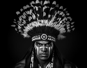 Indian black and white male warrior in traditional national costume with feathers and painted face