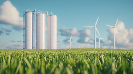 carbon capture system with wind turbines in green field under blue sky