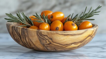 Sticker - A minimalistic wooden bowl filled with bright orange berries and fresh rosemary sprigs, set against a soft marble background