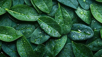 Wall Mural - Fresh, vibrant green leaves, water droplets, dark background, nature backdrop