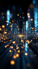 Poster - Abstract digital cityscape with glowing blue light rays and golden particles creating dynamic zoom effect against dark background. For technology concepts.