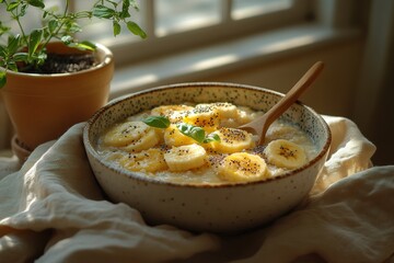 Sticker - A wooden spoon stirs a bowl of oatmeal topped with banana slices and poppy seeds, with a plant in a pot in the background