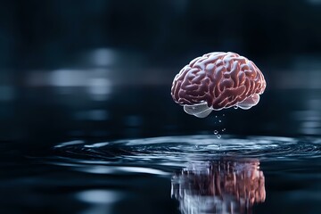 Poster - Human brain floating above rippling water surface with reflection, dramatic lighting and dark background creates surreal medical concept for mental health and consciousness.