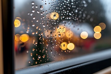 Poster - Raindrops on window glass with blurred golden bokeh lights creating atmospheric mood. Water droplets catch evening city illumination in soft focus.