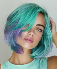 Wall Mural - A young woman with vibrant teal and lavender hair poses softly, her striking features complemented by a pastel outfit, exuding a playful and trendy vibe. posing confidently, bold and expressive