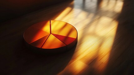 Poster - Abstract pie chart casting shadows on wooden floor, illuminated by warm sunlight, suggesting analysis