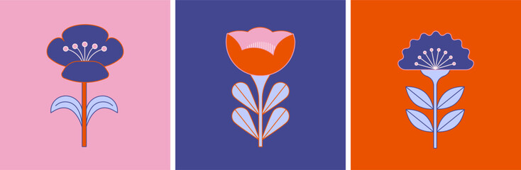 Wall Mural - geometric flowers collection, nordic, scandinavian style flowers illustrations. red, blue modern flo