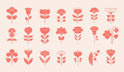 Wall Mural - geometric flowers collection, nordic, scandinavian style flowers illustrations. red, blue modern flo
