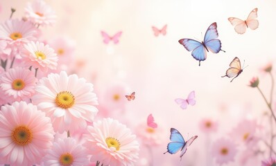 Canvas Print - Delicate pink flowers and butterflies