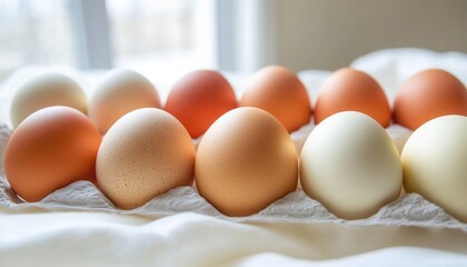 A detailed close-up of a tray filled with fresh eggs, showcasing their smooth shells and natural colors on a rustic wooden table.